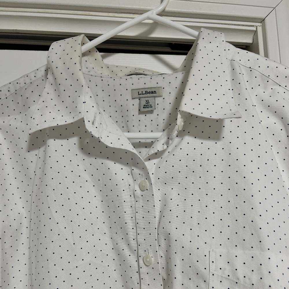 L.L. Bean White Button-Down Blouse with small navy polka Dots great condition!